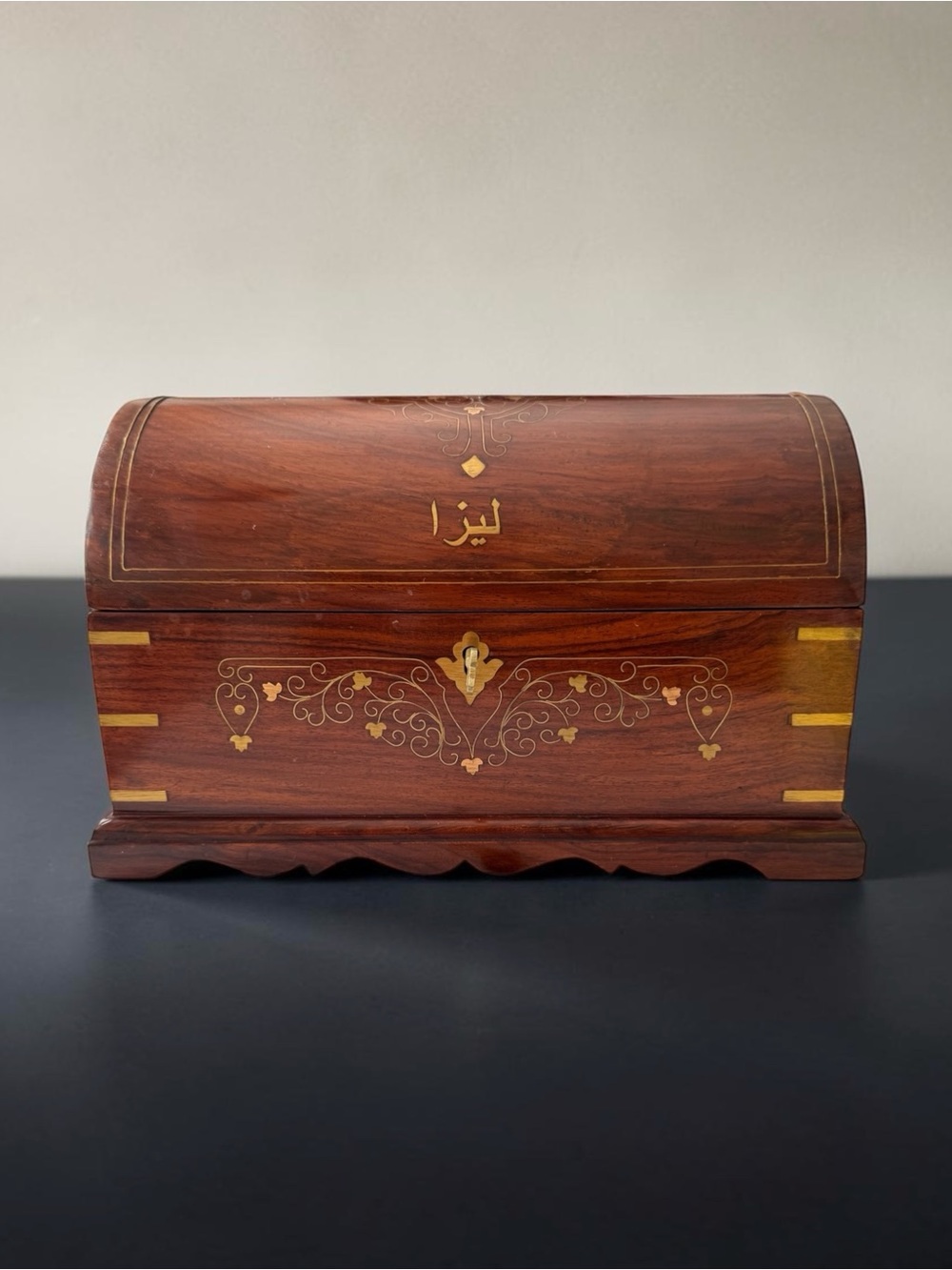 Antique Walnut Wooden Domed Chest Ornate Brass Inlaid Lock & Key Jewelry Box